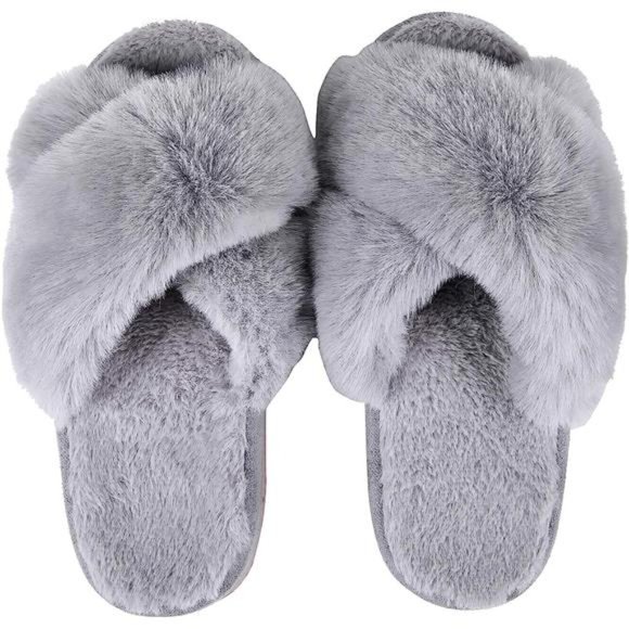 Women Cross Band Fuzzy Slippers Fluffy Open Toe House Slippers Coziness Style - Picture 2 of 5